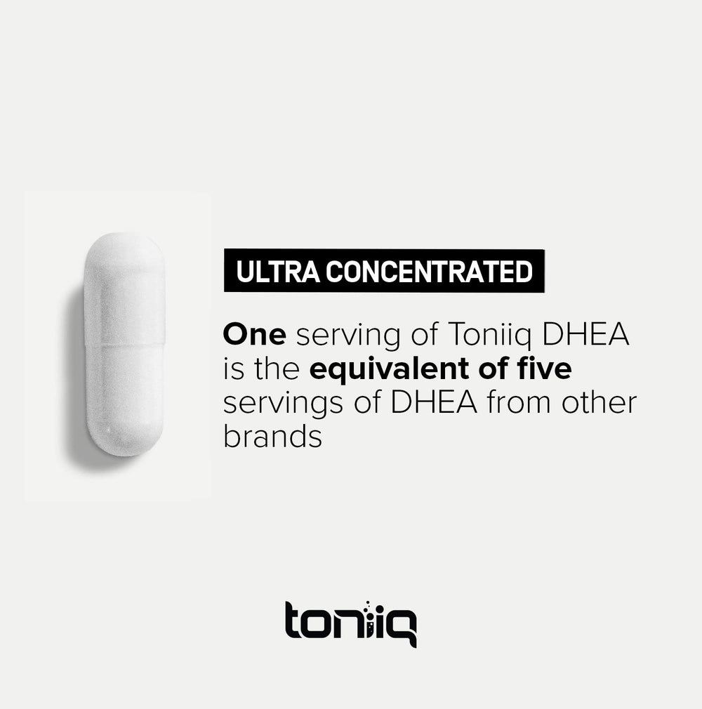Etiqueta Toniiq DHEA con información de ingredientes y dosis