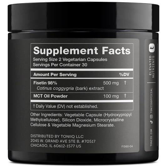 Toniiq Fisetin 500mg capsules closeup showing purity and potency