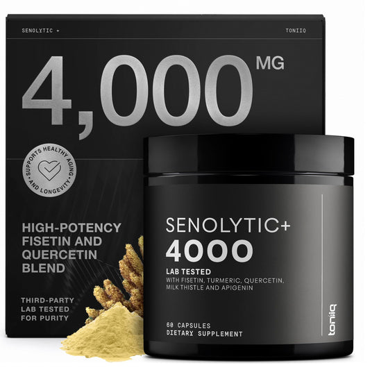 Toniiq Fisetin, botella del suplemento, ideal para incorporar en la rutina diaria.