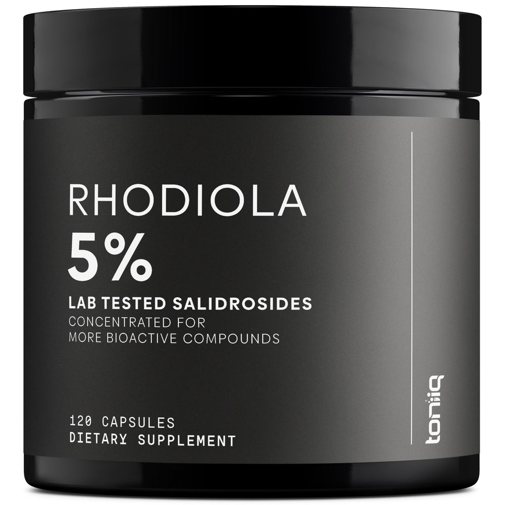 Toniiq frasco frontal de Rhodiola 600 mg mostrando etiqueta clara y confianza