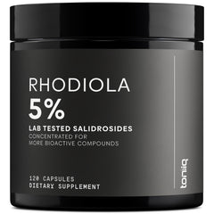 Toniiq frasco frontal de Rhodiola 600 mg mostrando etiqueta clara y confianza