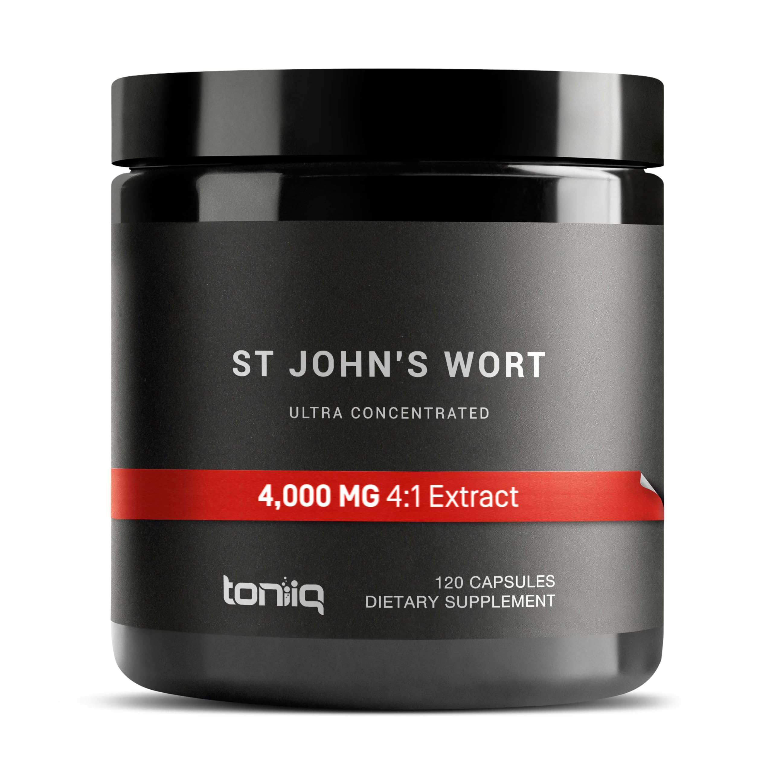 Toniiq frasco frontal de St. John's Wort mostrando diseño y dosis