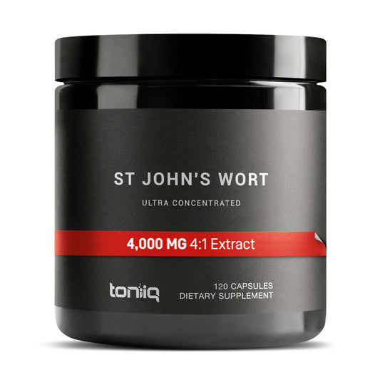 Toniiq frasco frontal de St. John's Wort mostrando diseño y dosis