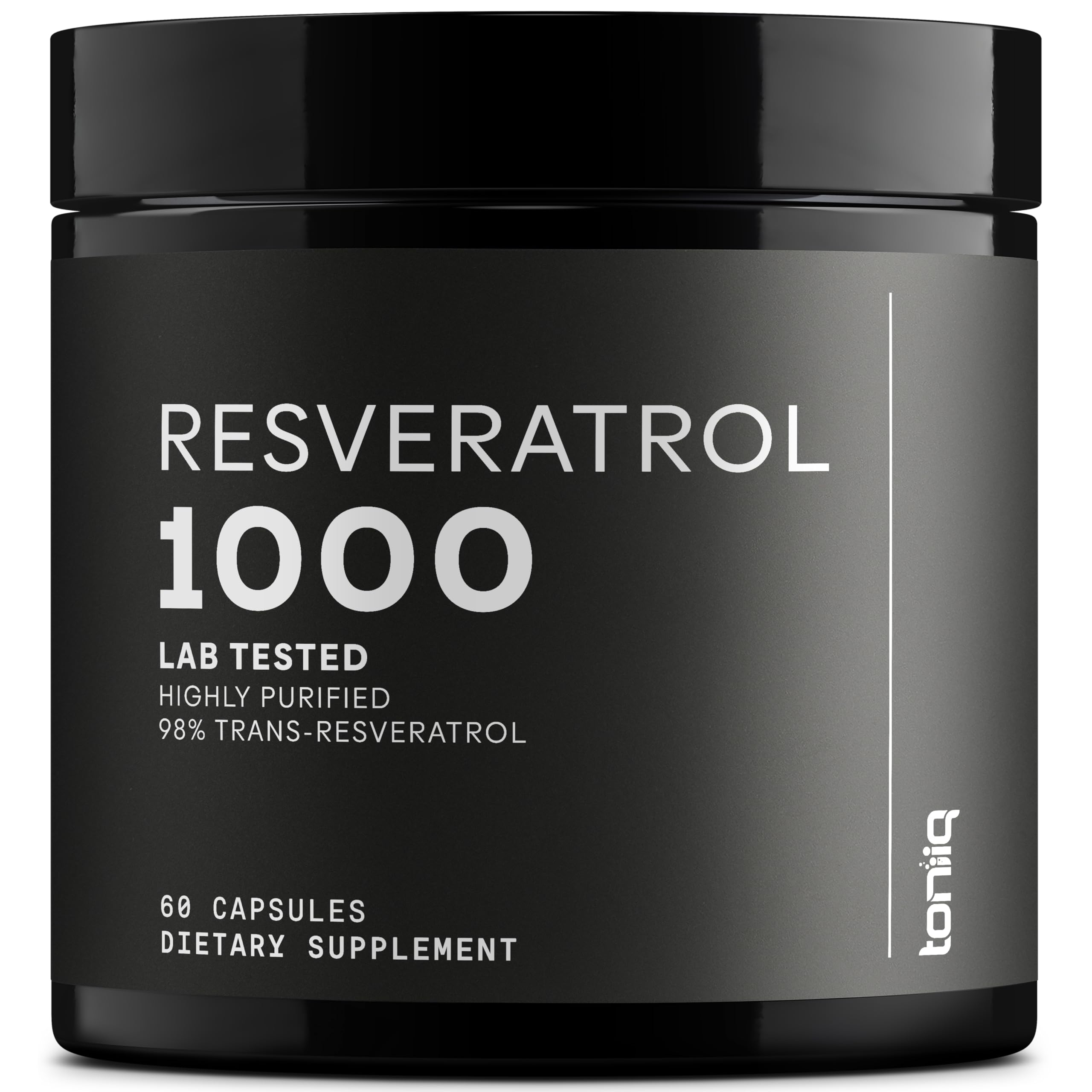 Toniiq envase frontal mostrando resveratrol 98% y beneficios de pureza