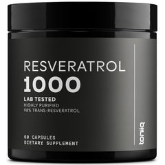 Toniiq envase frontal mostrando resveratrol 98% y beneficios de pureza
