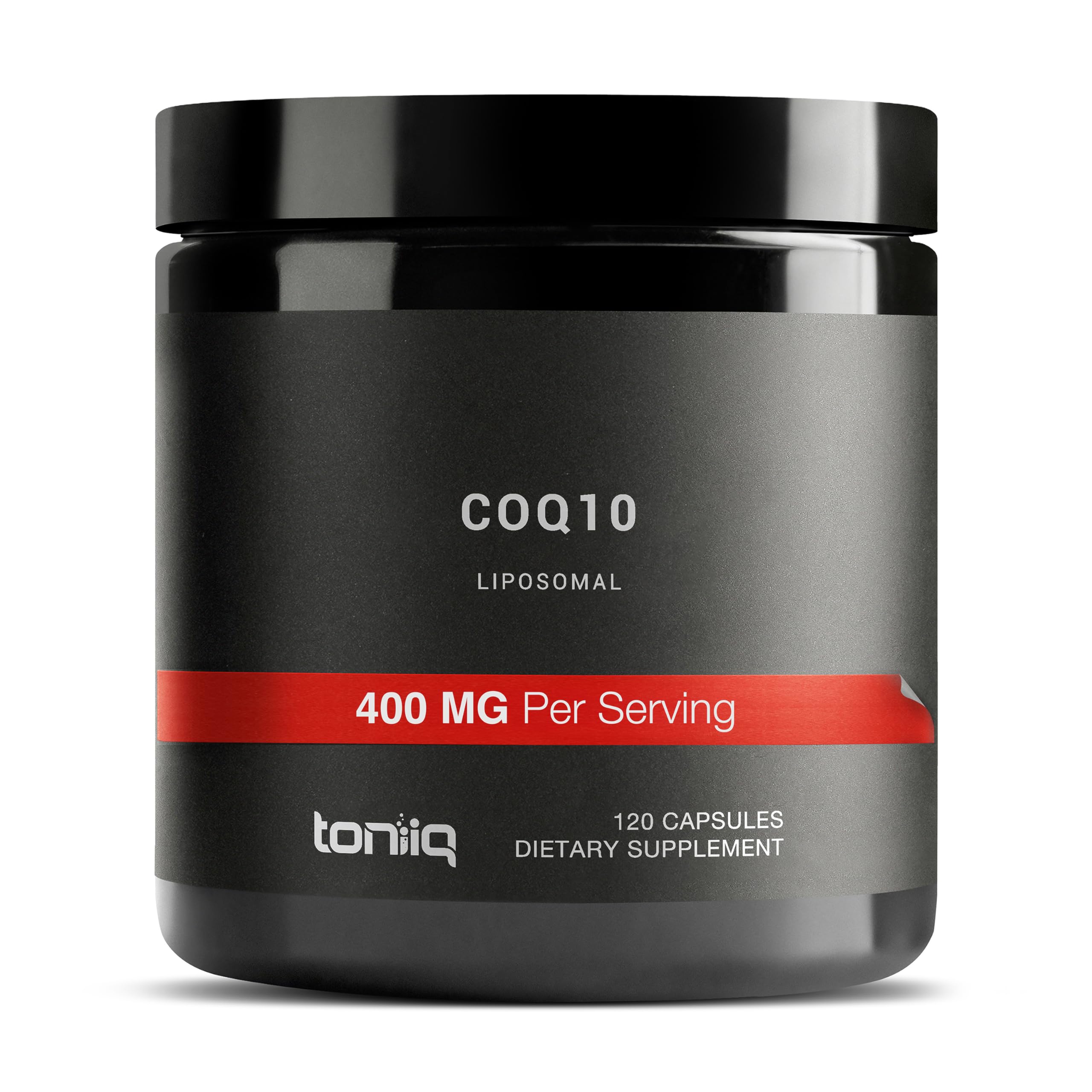 Toniiq envase frontal de CoQ10 liposomal mostrando pureza y tamaño