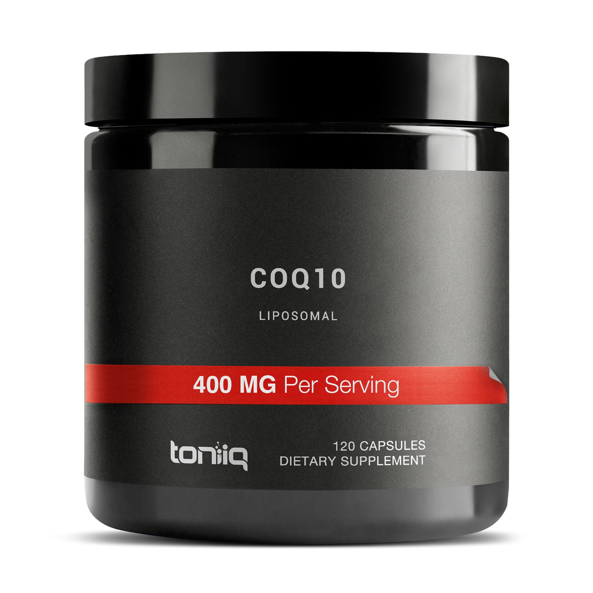 Toniiq envase frontal de CoQ10 liposomal mostrando pureza y tamaño