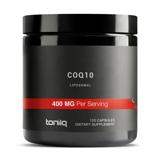 Toniiq envase frontal de CoQ10 liposomal mostrando pureza y tamaño
