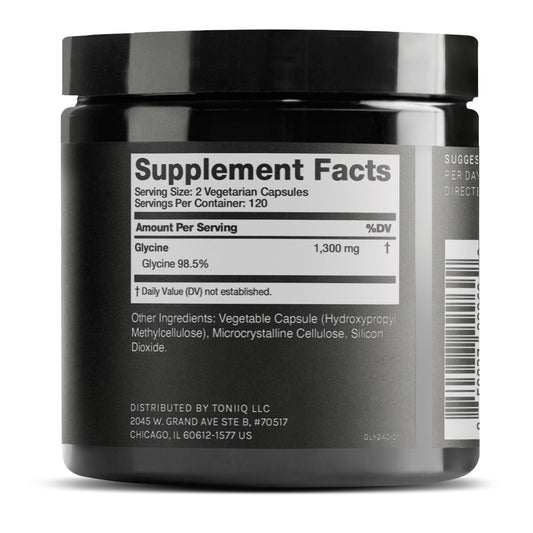 Toniiq glicina 1300mg, cápsulas vegetarianas, uso diario cómodo para bienestar.