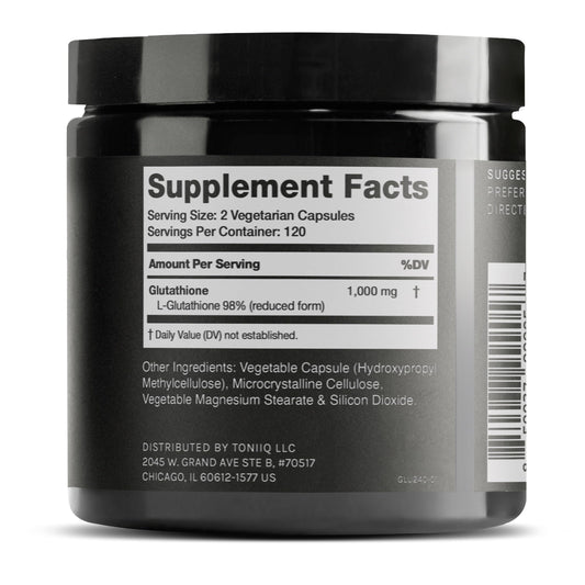 Toniiq Glutatión: empaque y etiqueta con datos de pureza.