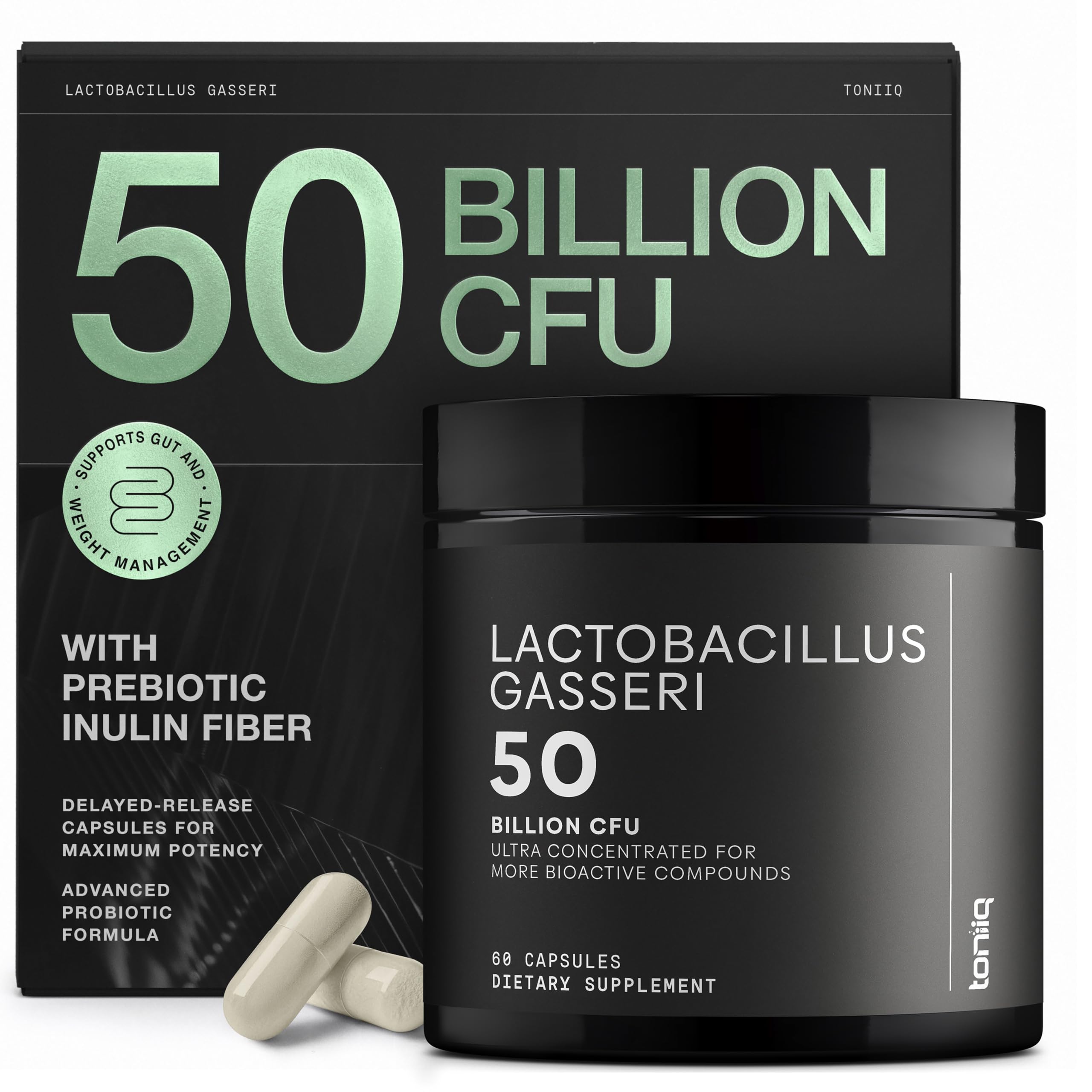 Toniiq botella frontal mostrando Lactobacillus Gasseri y beneficio de alta potencia
