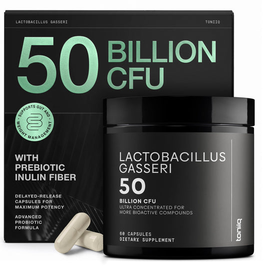Toniiq botella frontal mostrando Lactobacillus Gasseri y beneficio de alta potencia