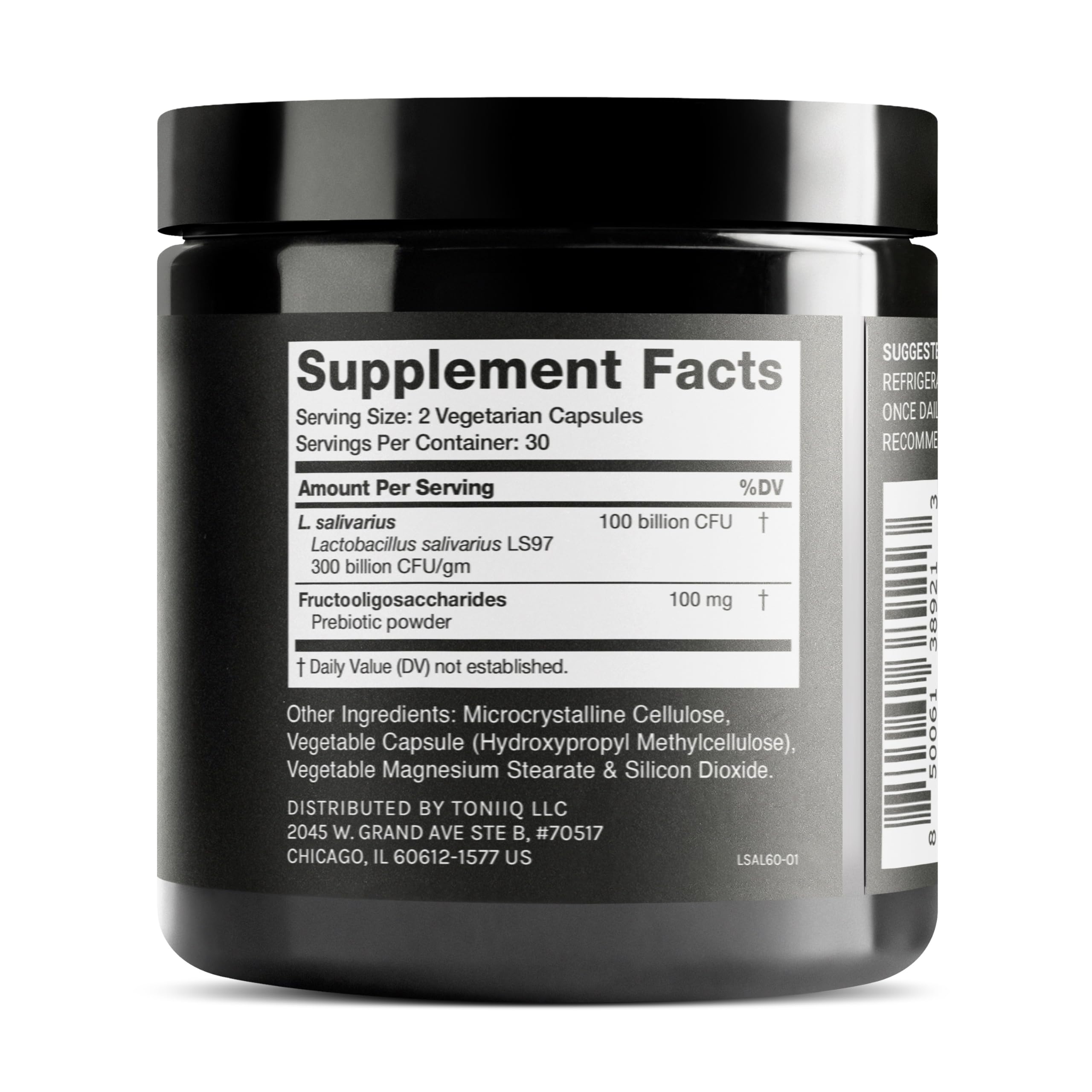 Toniiq Lactobacillus Salivarius: etiqueta clara en la botella para lectura fácil y confianza