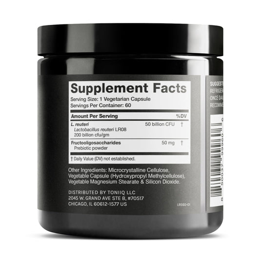 Toniiq Lactobacillus Reuteri, etiqueta clara para identificación rápida y compra segura.