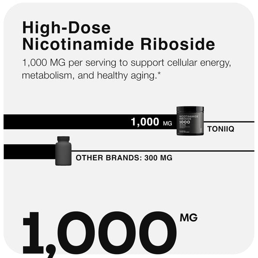 Toniiq Nicotinamide Riboside 1000 mg: frasco de vidrio oscuro para mayor estabilidad.