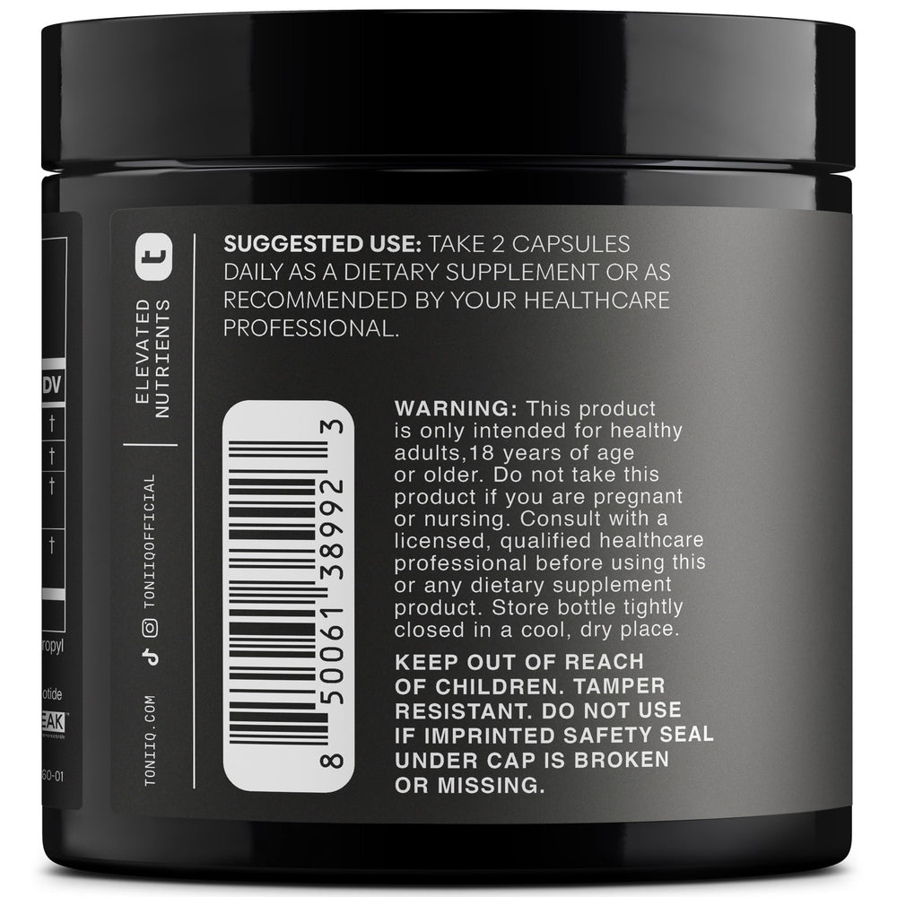 Toniiq NMNH: etiqueta de ingredientes con Resveratrol y Quercetina.