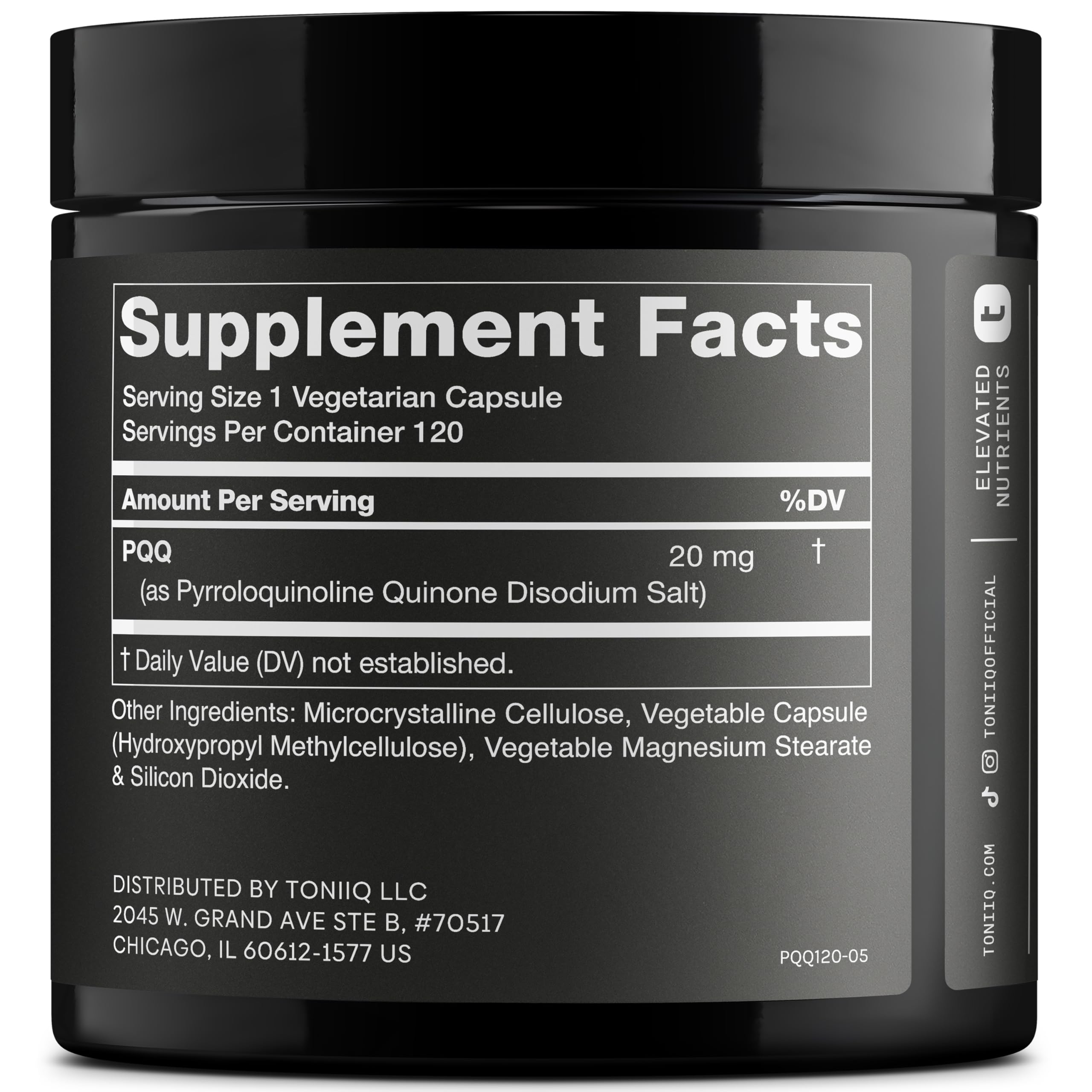 Toniiq PQQ cápsulas vegetarianas con dosis prácticas para una rutina diaria.