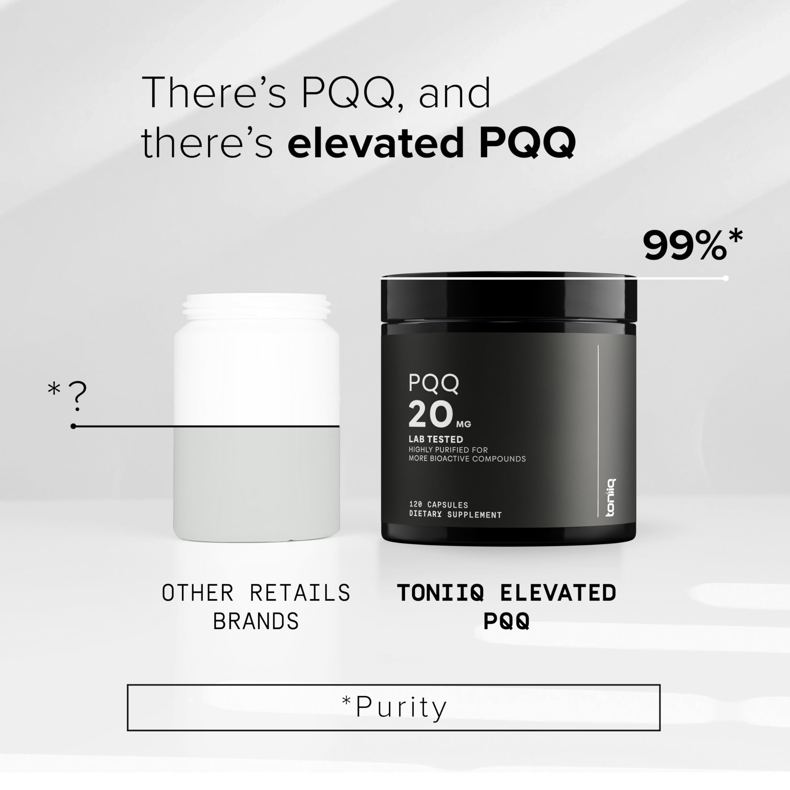 Etiqueta de Toniiq PQQ con información clara de pureza y uso.