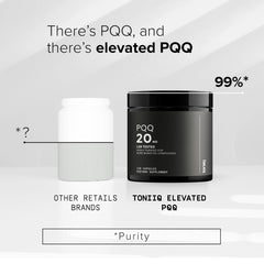 Etiqueta de Toniiq PQQ con información clara de pureza y uso.