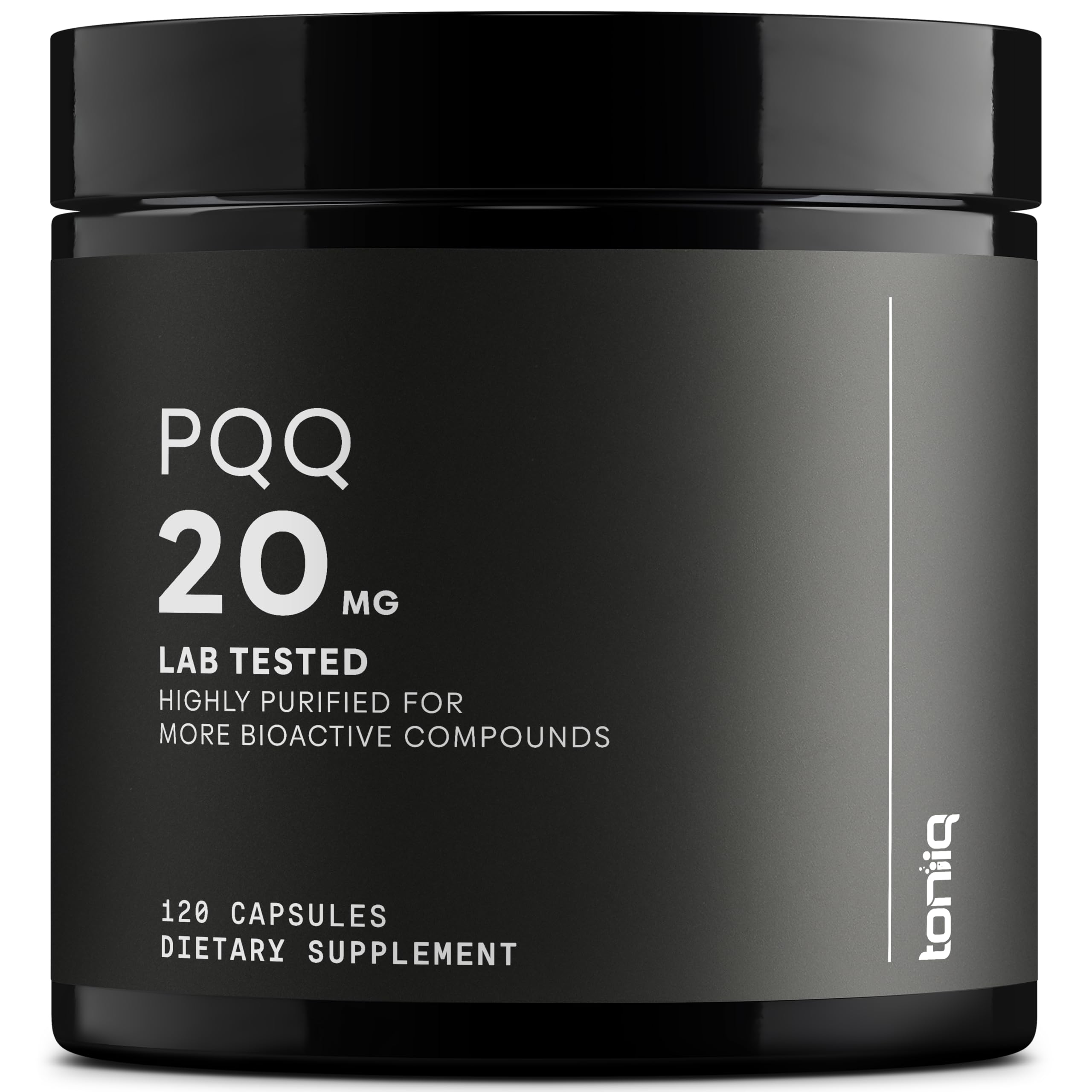 Toniiq frasco frontal mostrando etiqueta y pureza 99%+ beneficios de confianza