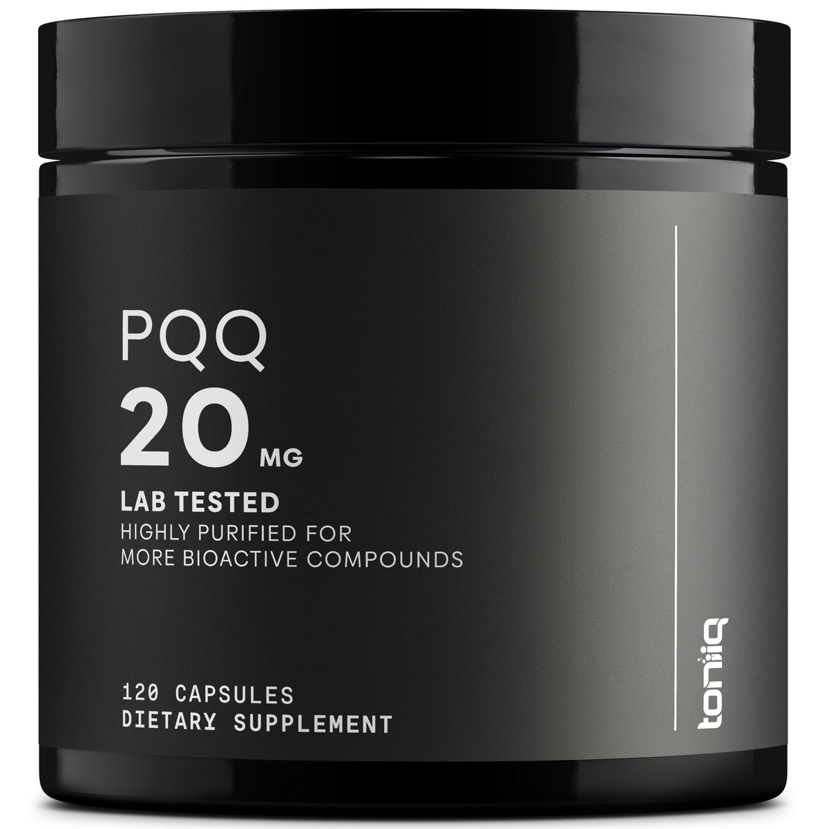 Toniiq frasco frontal mostrando etiqueta y pureza 99%+ beneficios de confianza