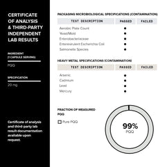 Símbolo de pureza 99%+ en envase para transparencia.