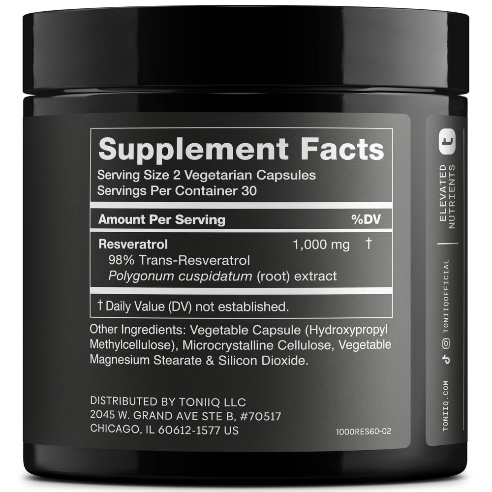 Toniiq Resveratrol 1000 mg, cápsulas apiladas para una toma diaria cómoda