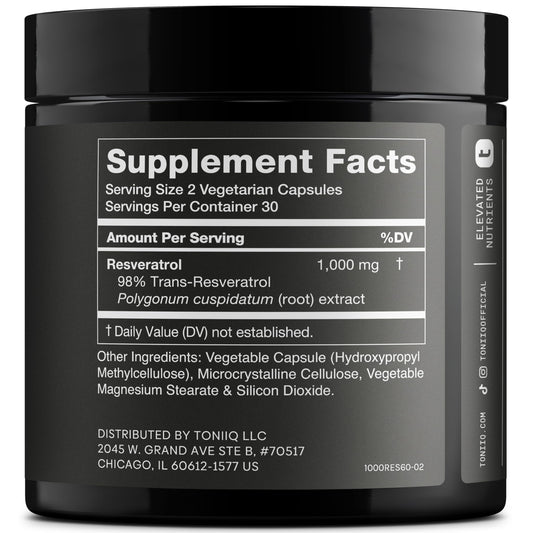 Toniiq Resveratrol 1000 mg, cápsulas apiladas para una toma diaria cómoda