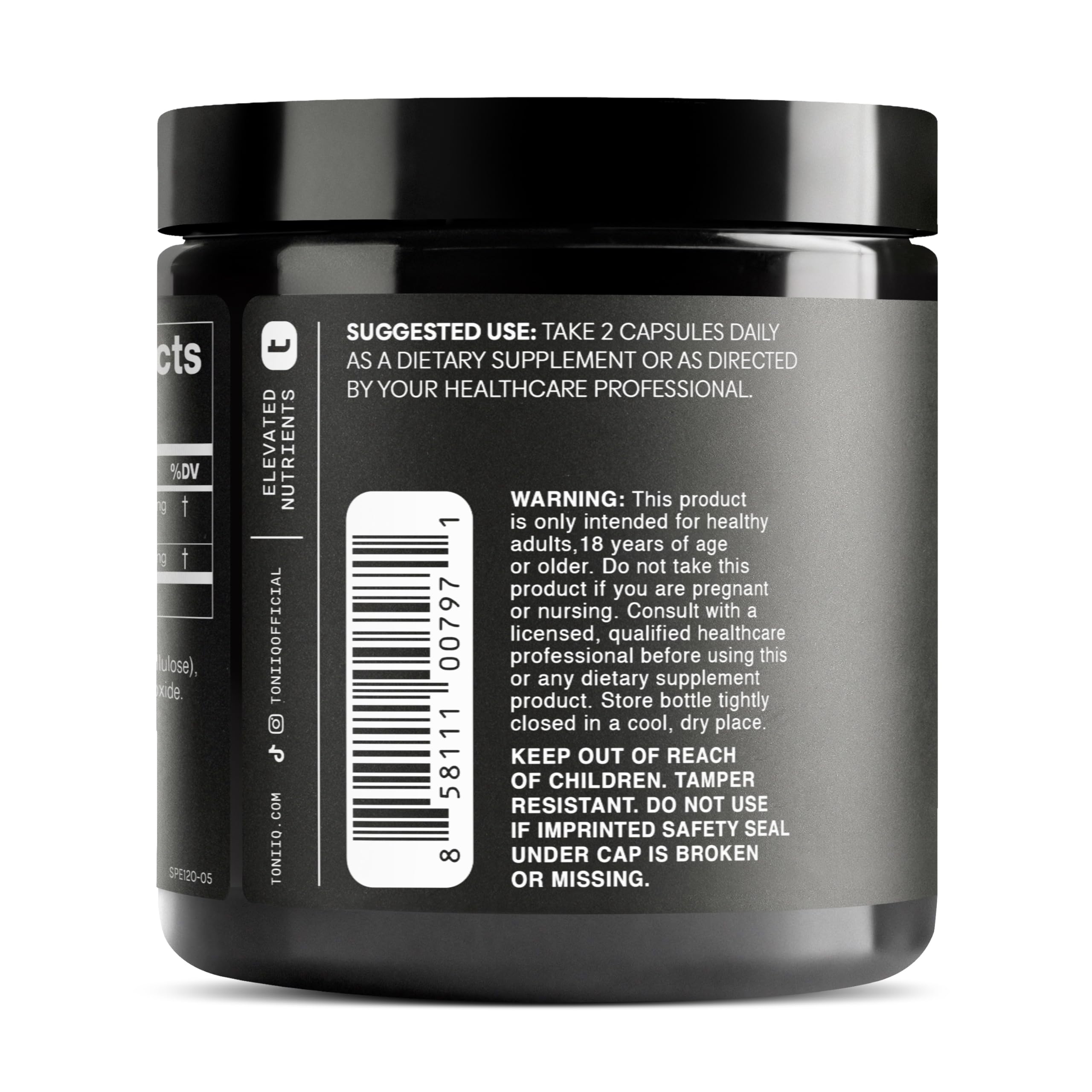 Toniiq Spermidine bottle side—clear label for informed daily use.