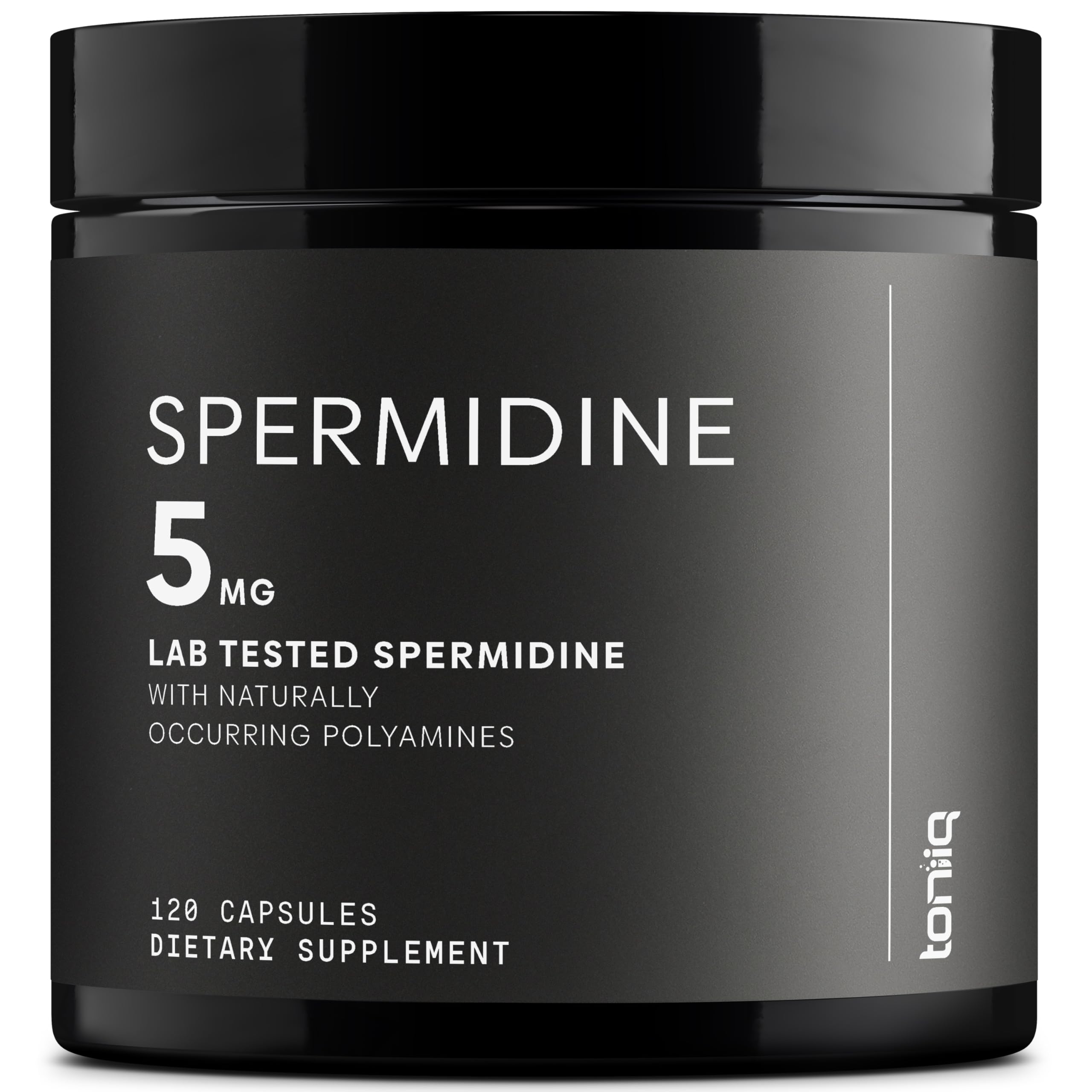 Toniiq Spermidine bottle top—premium packaging for a high-concentration daily supplement.