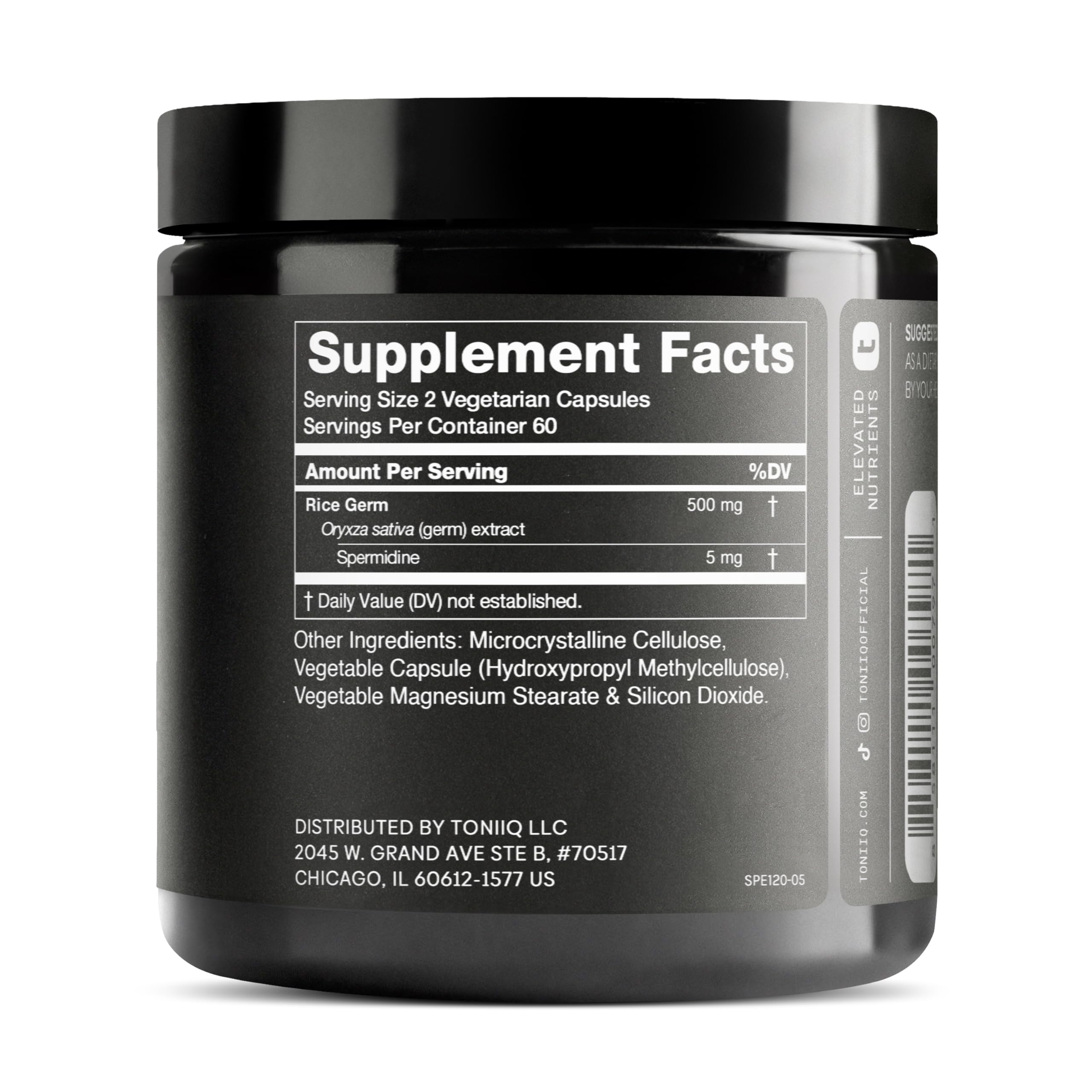 Toniiq Spermidine capsules pack—convenient daily dose for non-wheat, gluten-free formula.