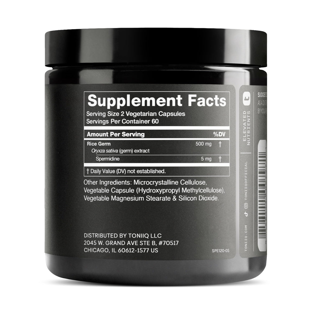 Toniiq Spermidine capsules pack—convenient daily dose for non-wheat, gluten-free formula.