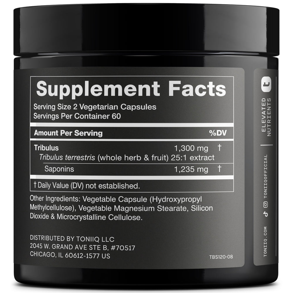 Etiqueta frontal de Toniiq Tribulus Terrestris muestra extracto 25:1.