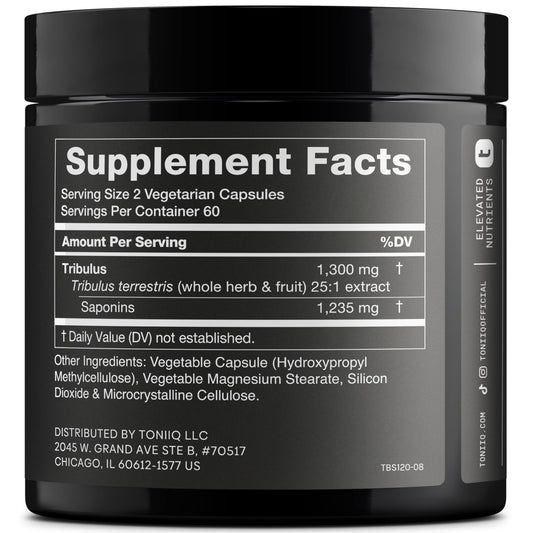 Etiqueta frontal de Toniiq Tribulus Terrestris muestra extracto 25:1.