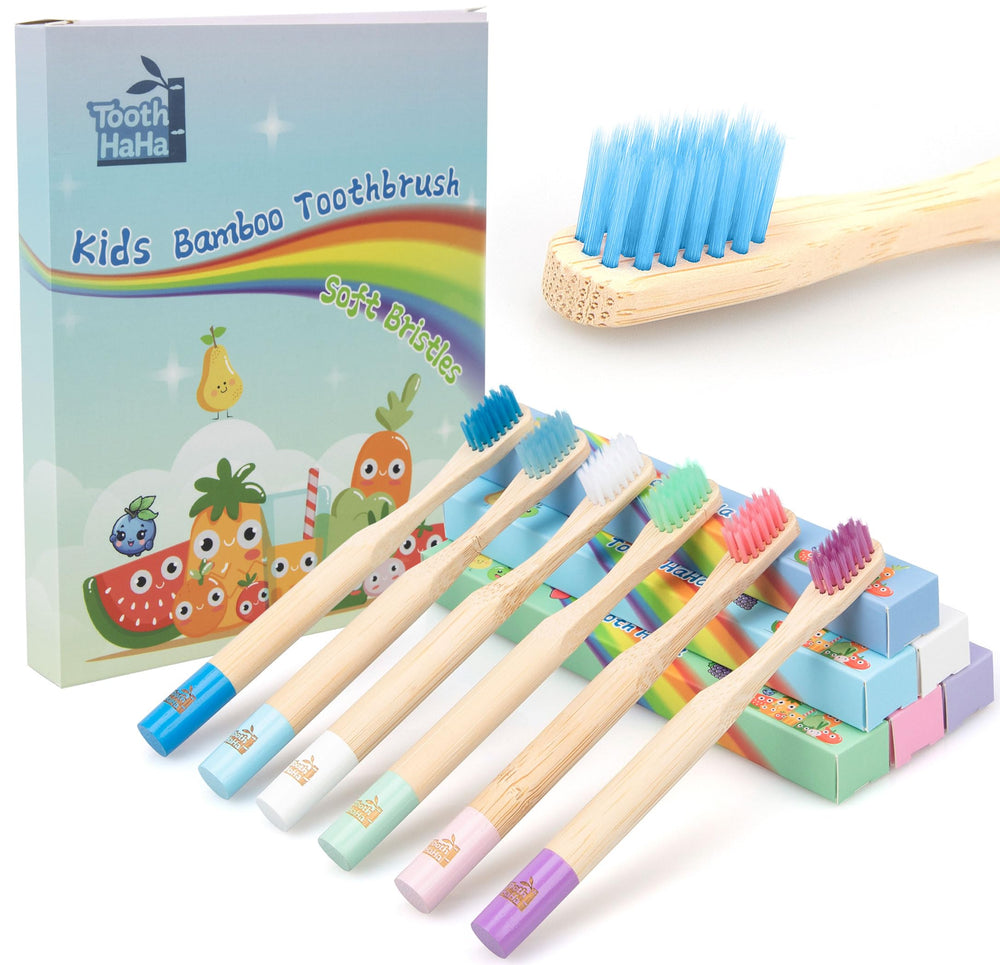 Tooth HaHa vista frontal del empaque mostrando 6 cepillos ecológicos y colores