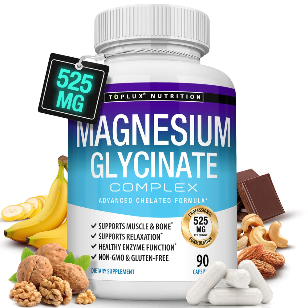 Toplux envase frontal mostrando Magnesium Glycinate y beneficios de absorción