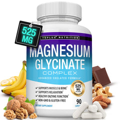 Toplux envase frontal mostrando Magnesium Glycinate y beneficios de absorción