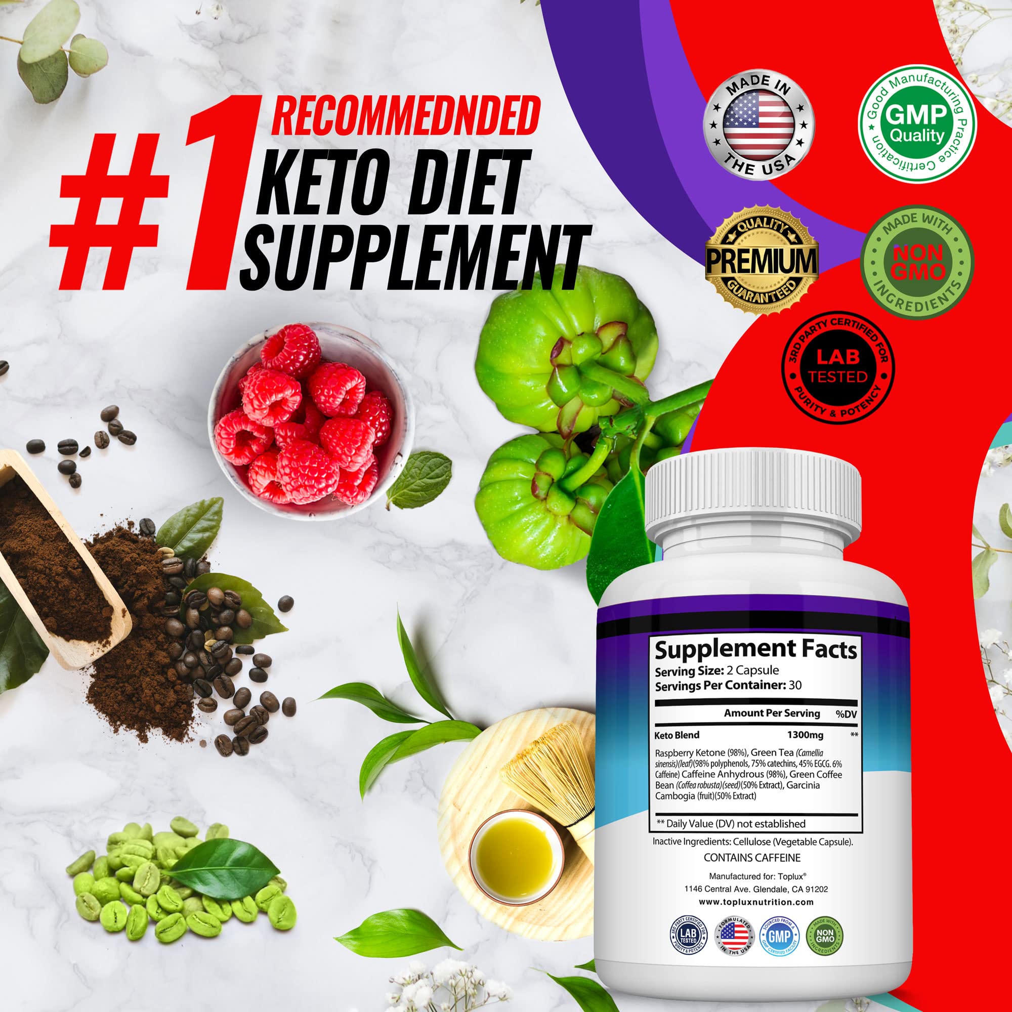 Ingredientes principales de Toplux Keto Boost agrupados (frambuesa, té verde), destaca naturalidad