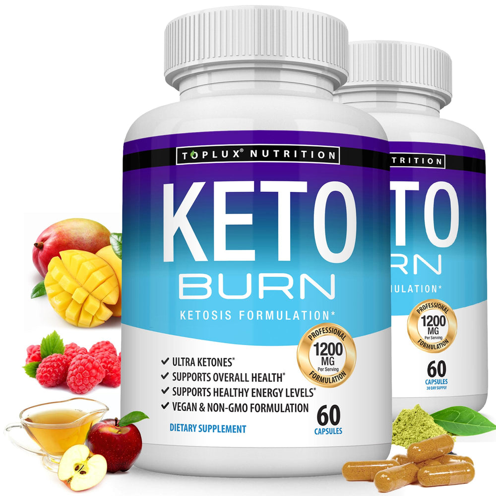 Toplux Keto Burn frontal del envase mostrando 60 cápsulas y beneficio de apoyo