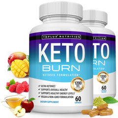 Toplux Keto Burn frontal del envase mostrando 60 cápsulas y beneficio de apoyo