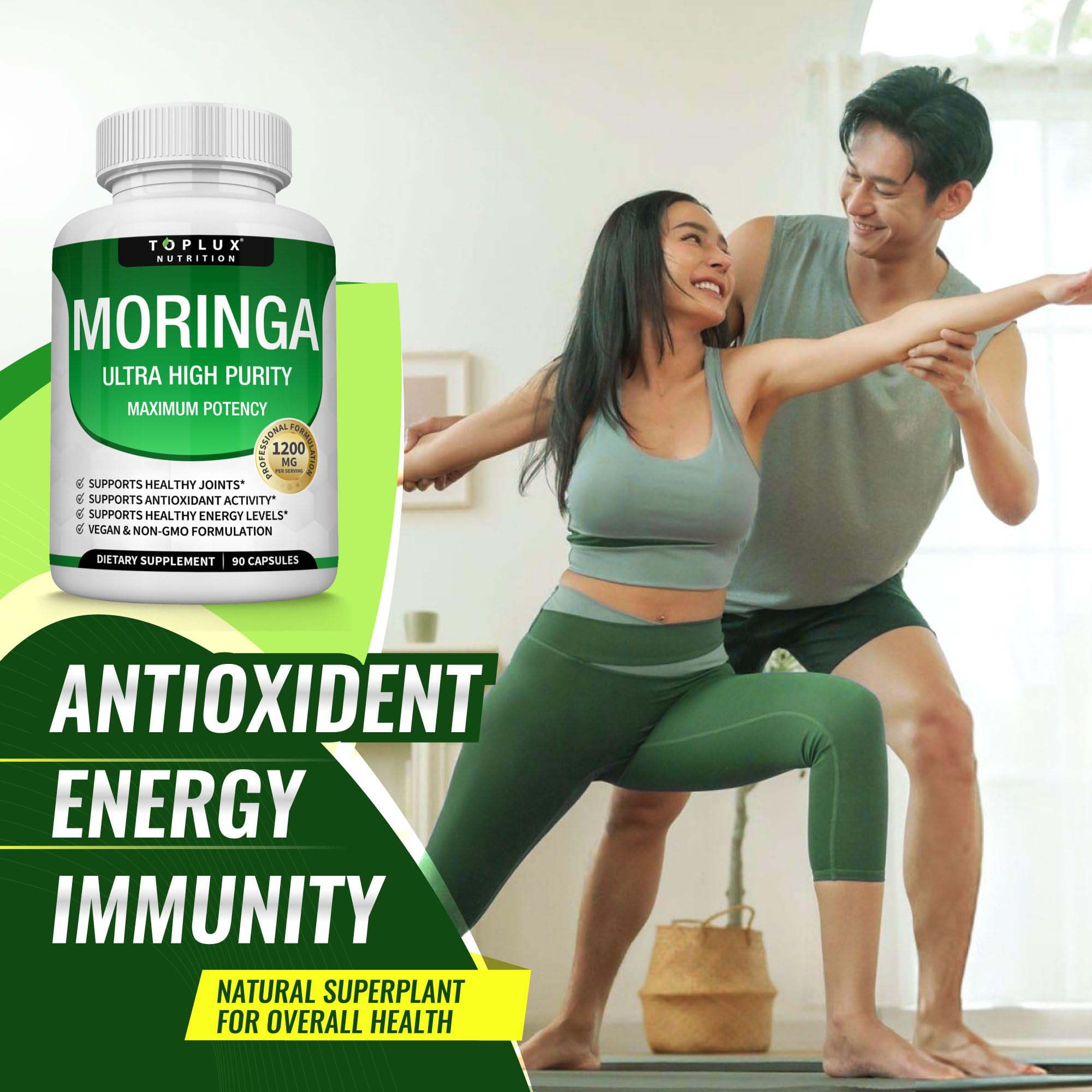 Persona activa sosteniendo Toplux Moringa, estilo de vida saludable con suplemento vegetal conveniente