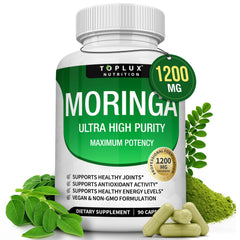 Toplux frasco de Moringa 1200 mg mostrando el frente y nombre, práctico para suplementación diaria