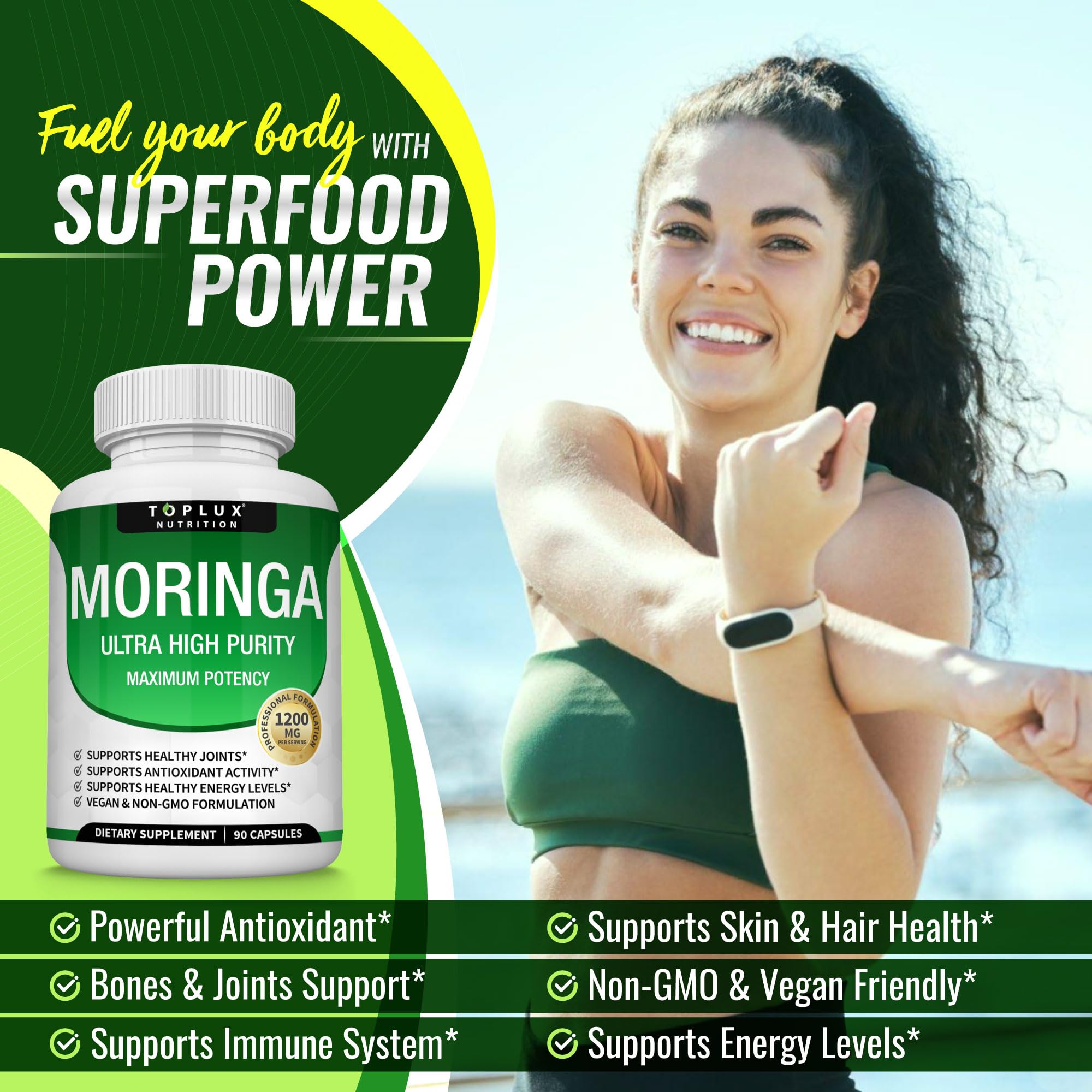Polvo de hoja de Moringa Toplux en primer plano, textura fina que facilita encapsulado y absorción