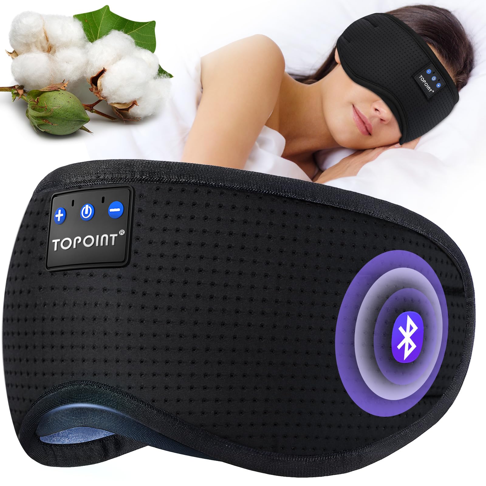 TOPOINT antifaz frontal mostrando forma y cobertura, confort y bloqueo de luz