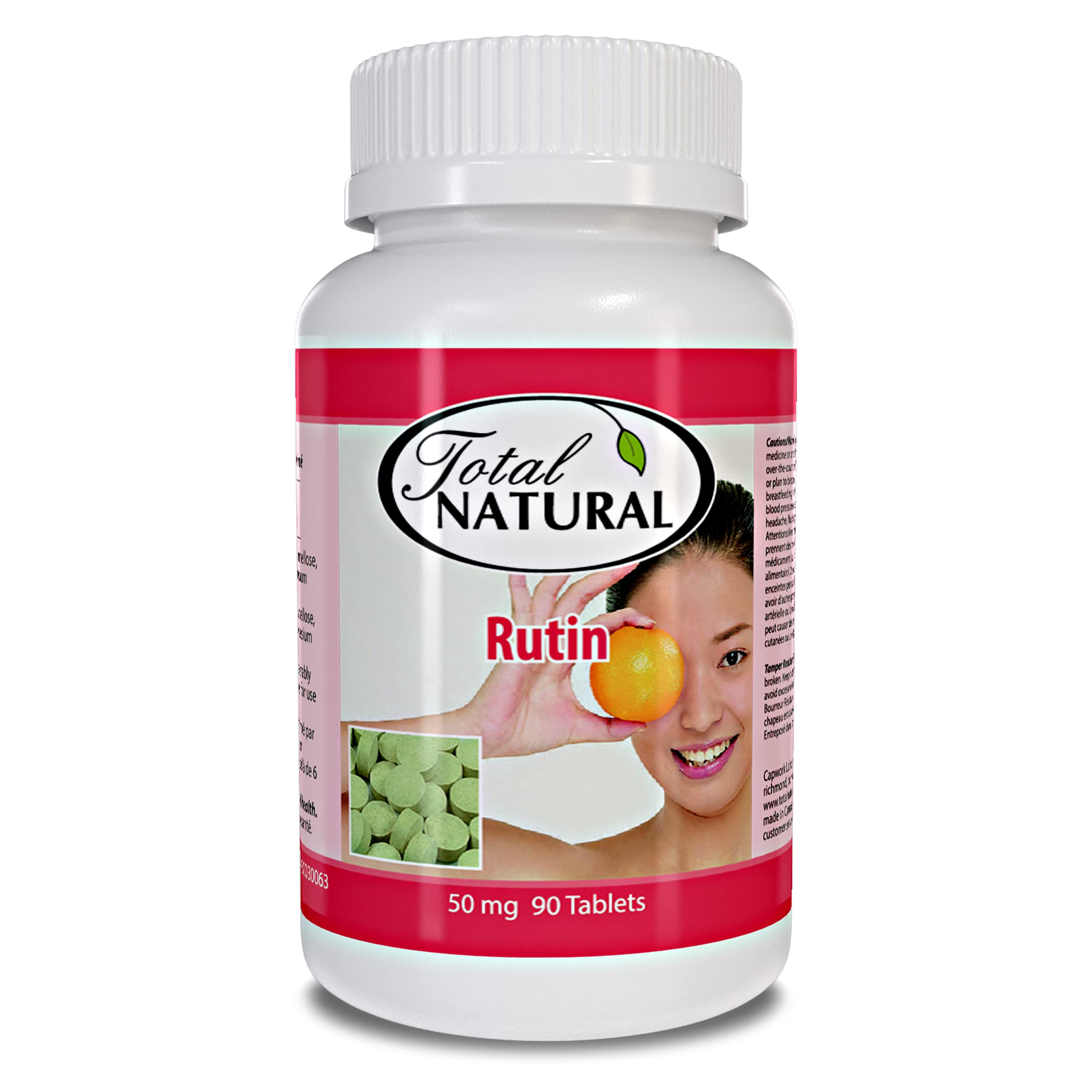 Total Natural frasco frontal mostrando 90 tabletas y beneficios de rutin