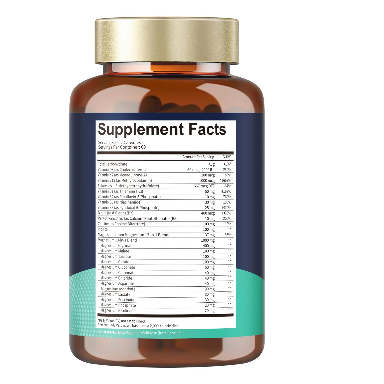 Totaria 25‑en‑1 complejo de magnesio, D3 y K2 presentes, apoyo de bienestar.