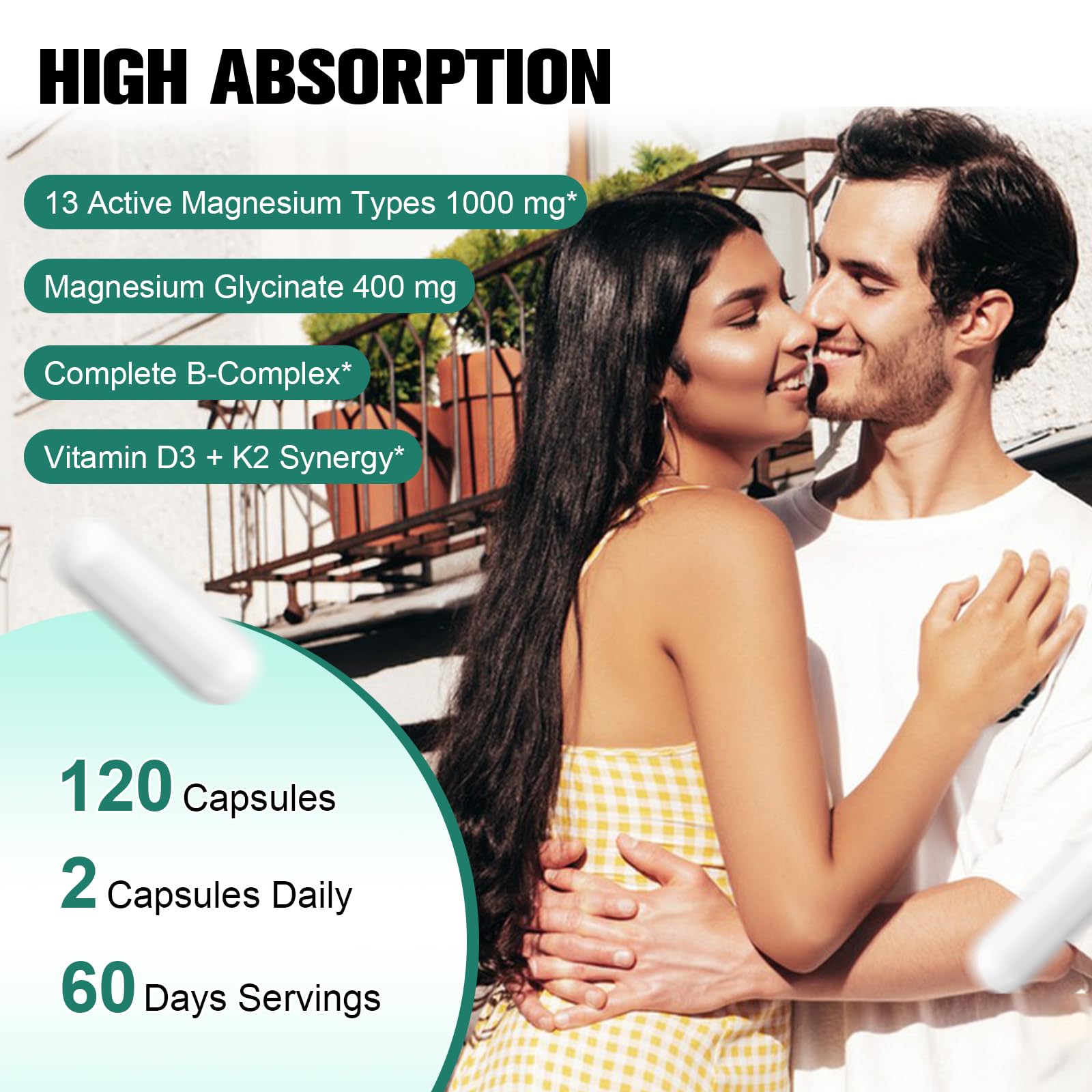 Totaria 25‑en‑1 complejo de magnesio, envase verde, diseño práctico para almacenamiento.