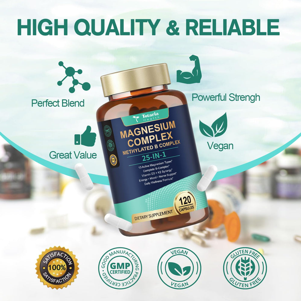 Totaria 25‑en‑1 complejo de magnesio, ingredientes clave para apoyo diario.