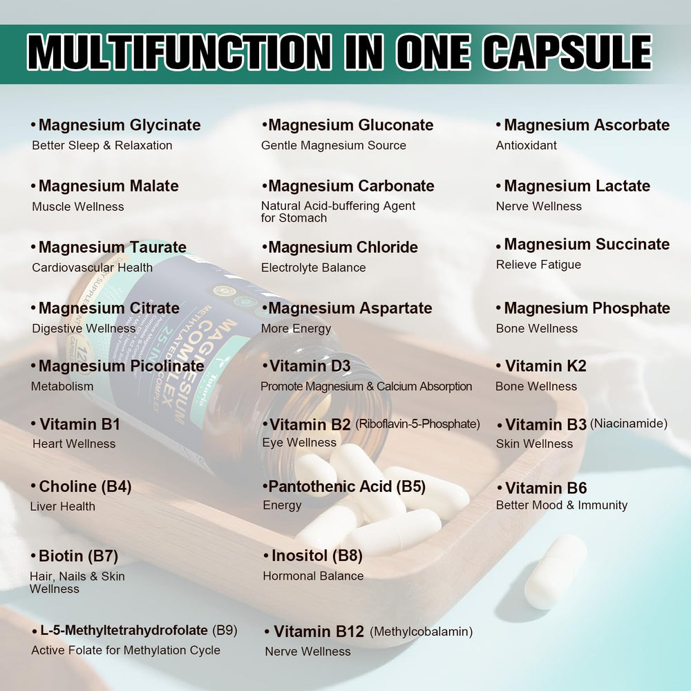 Totaria 25‑en‑1 complejo de magnesio, sin aditivos artificiales, fórmula limpia.