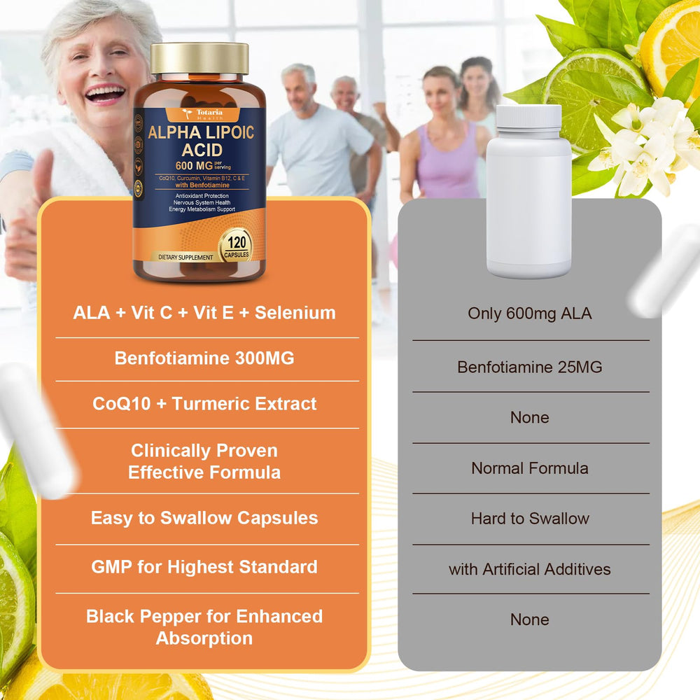 Totaria empaque caja alfa lipoico 600 mg, presentación elegante para almacenamiento.